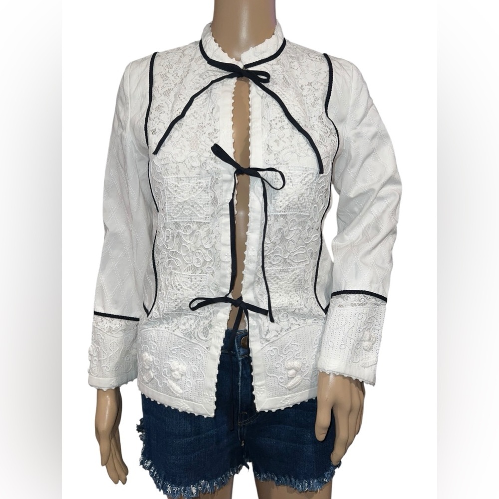Polo Ralph Lauren Jacket Womens White Lace Embroidered Linen Trim Tie Size XS